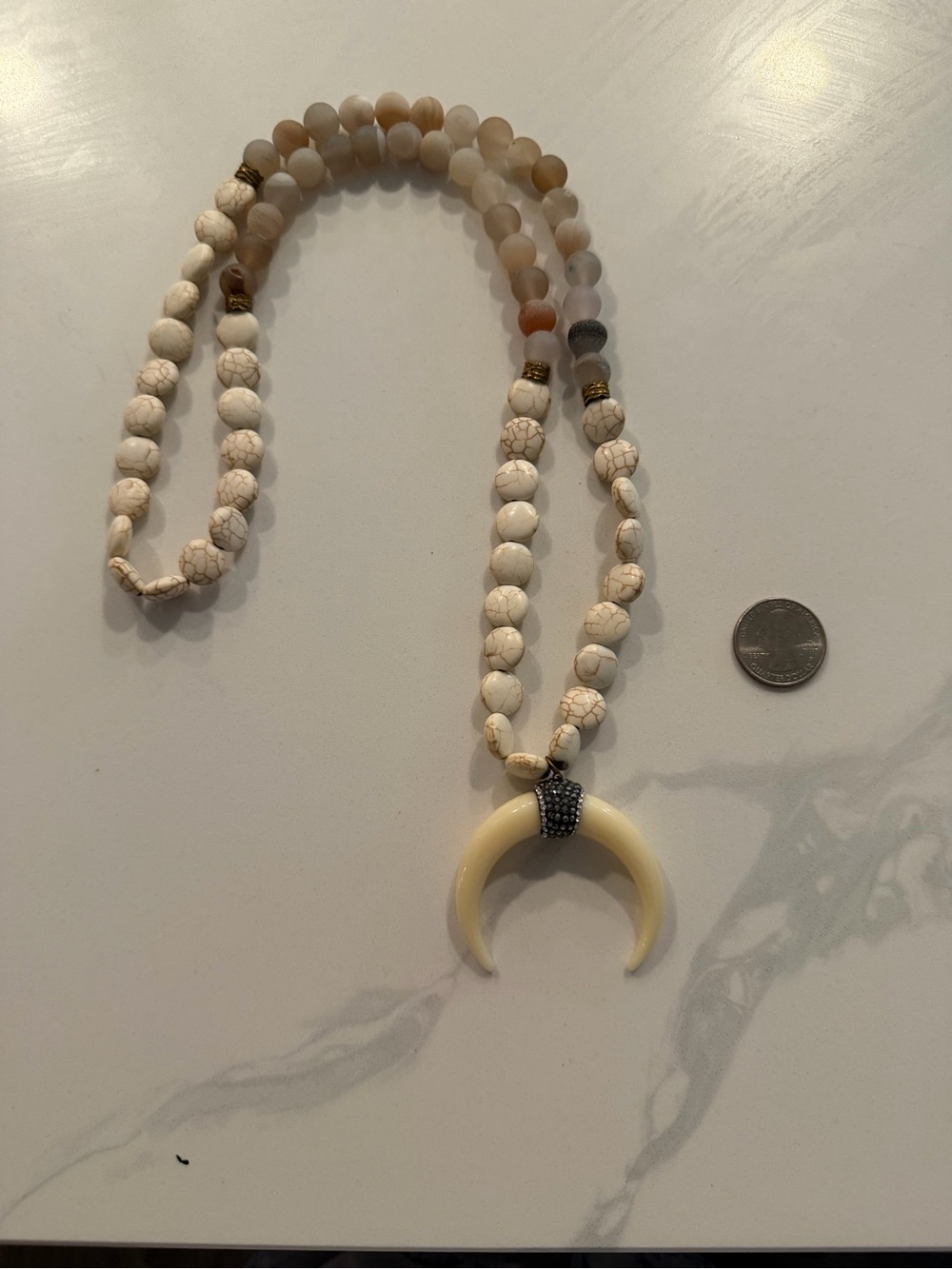 Bohemian Cream Howlite Bead Necklace with Crescent Pendant